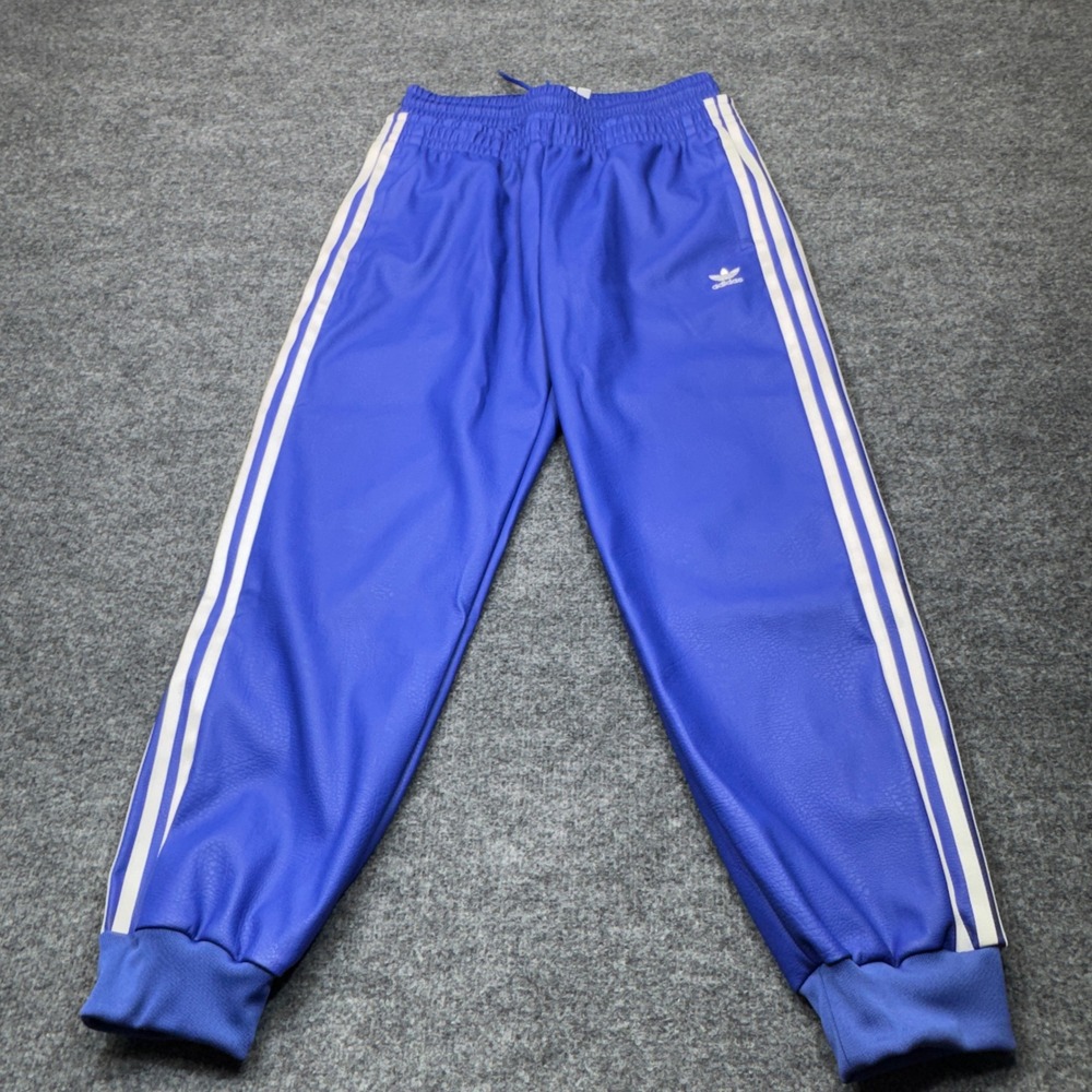 adidas Originals Faux Leather Track Pants Womens Medium Blue 3-Stripes Joggers